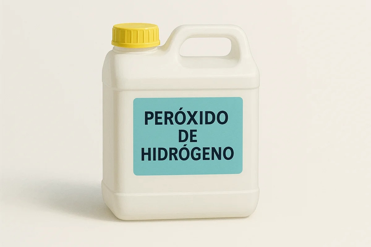 Bidón blanco de peróxido de hidrógeno con tapa amarilla y etiqueta azul