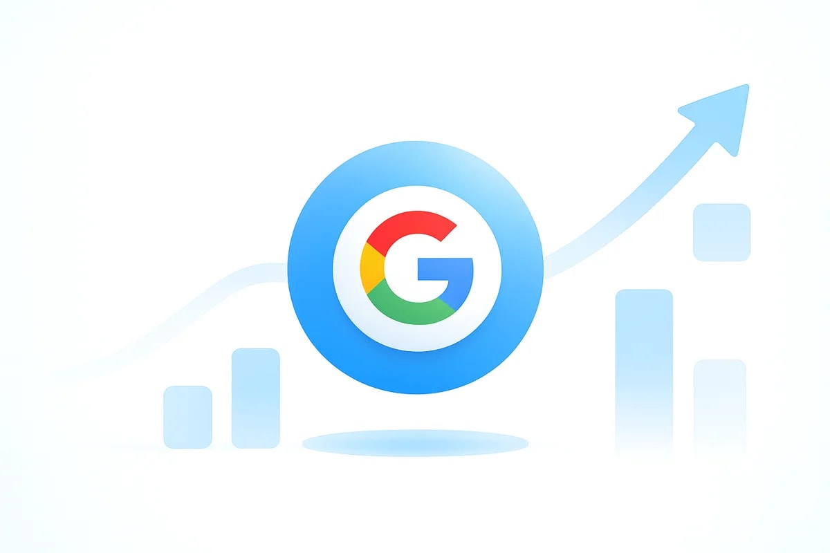 Logo de Google sobre un fondo azul con gráficos de tendencia ascendente