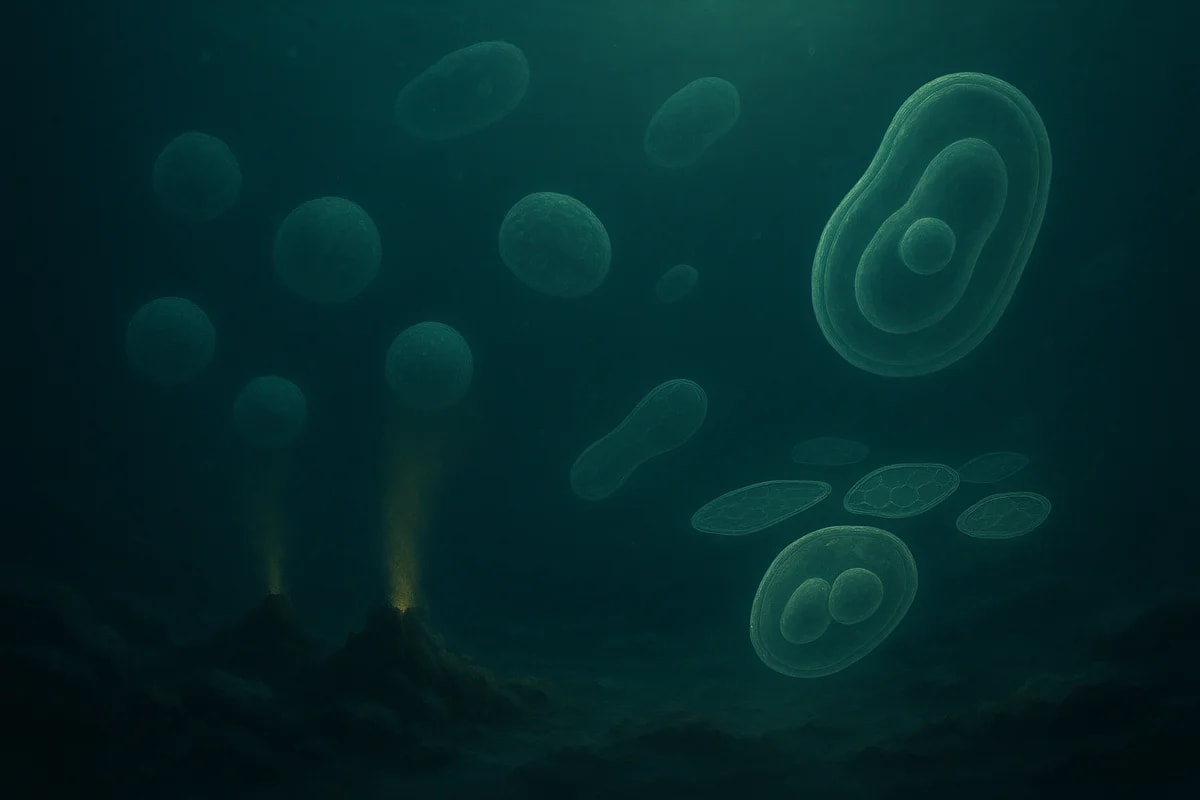 Células primitivas flotando sobre respiraderos hidrotermales iluminados en un océano oscuro.