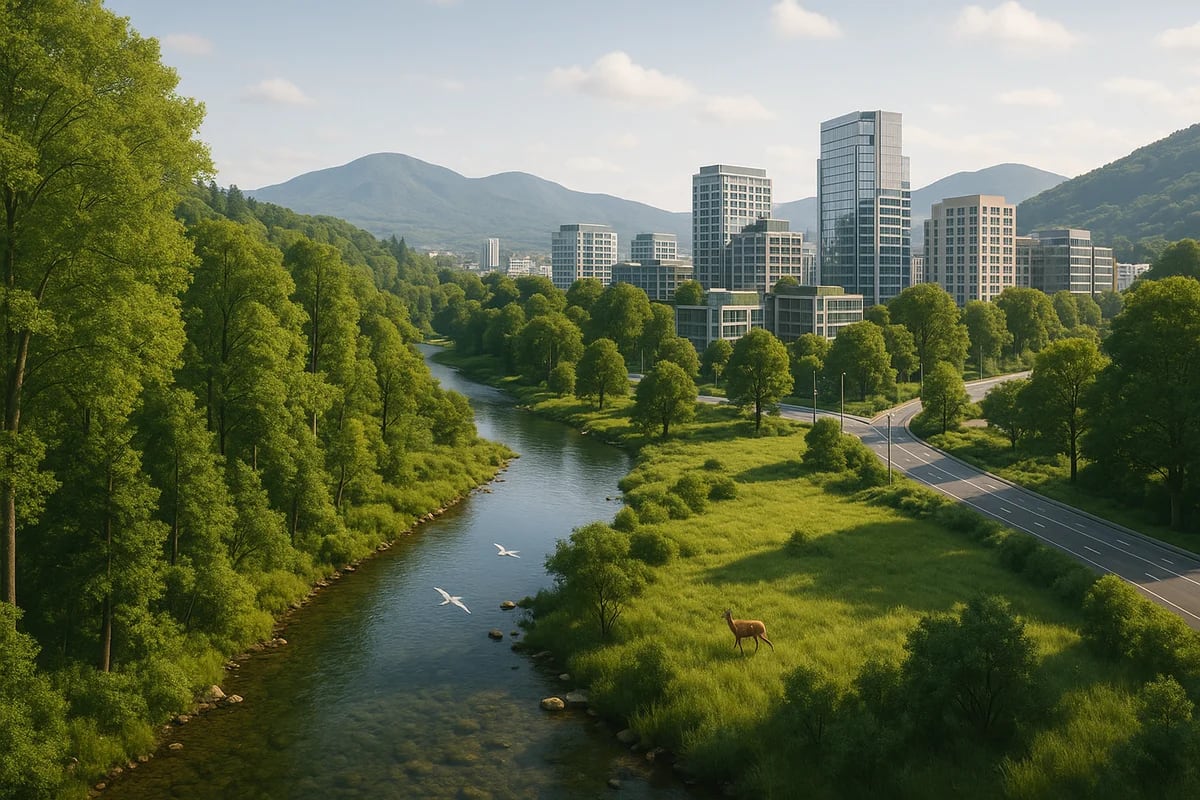 Paisaje con bosque, río y montañas junto a una ciudad moderna integrada en zonas verdes