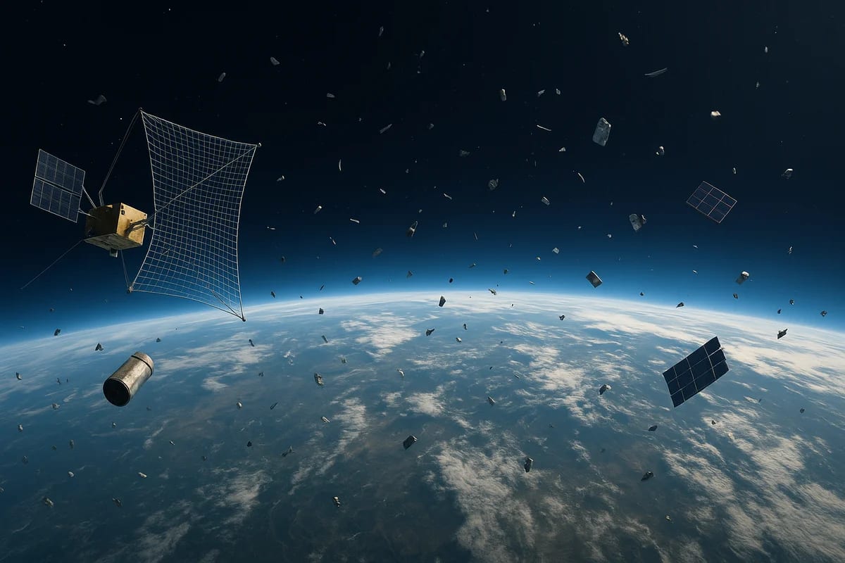 Basura espacial rodeando la Tierra vista desde la órbita baja