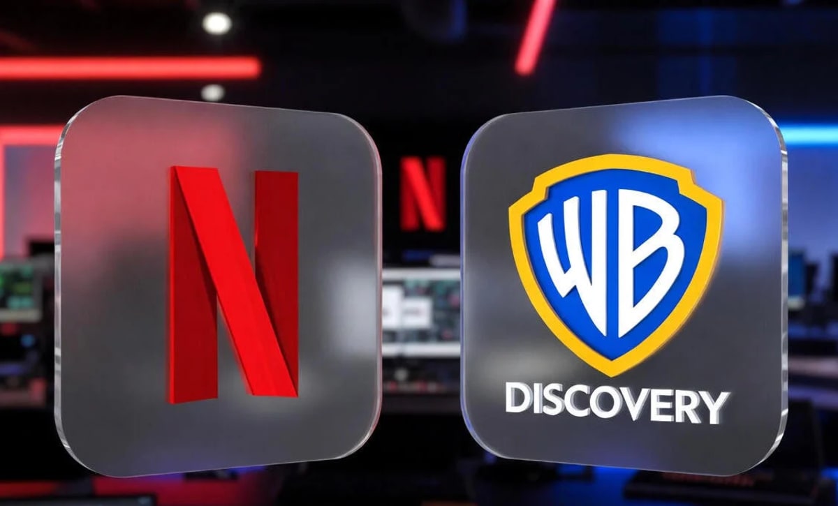 Logos de Netflix y Warner Bros. Discovery destacados frente a un fondo de estudio iluminado