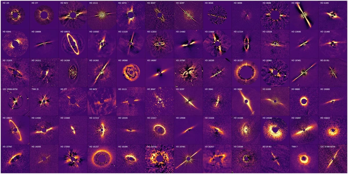 Cuadrícula de discos circunestelares vistos en distintos colores, mostrando anillos y formas irregulares alrededor de varias estrellas