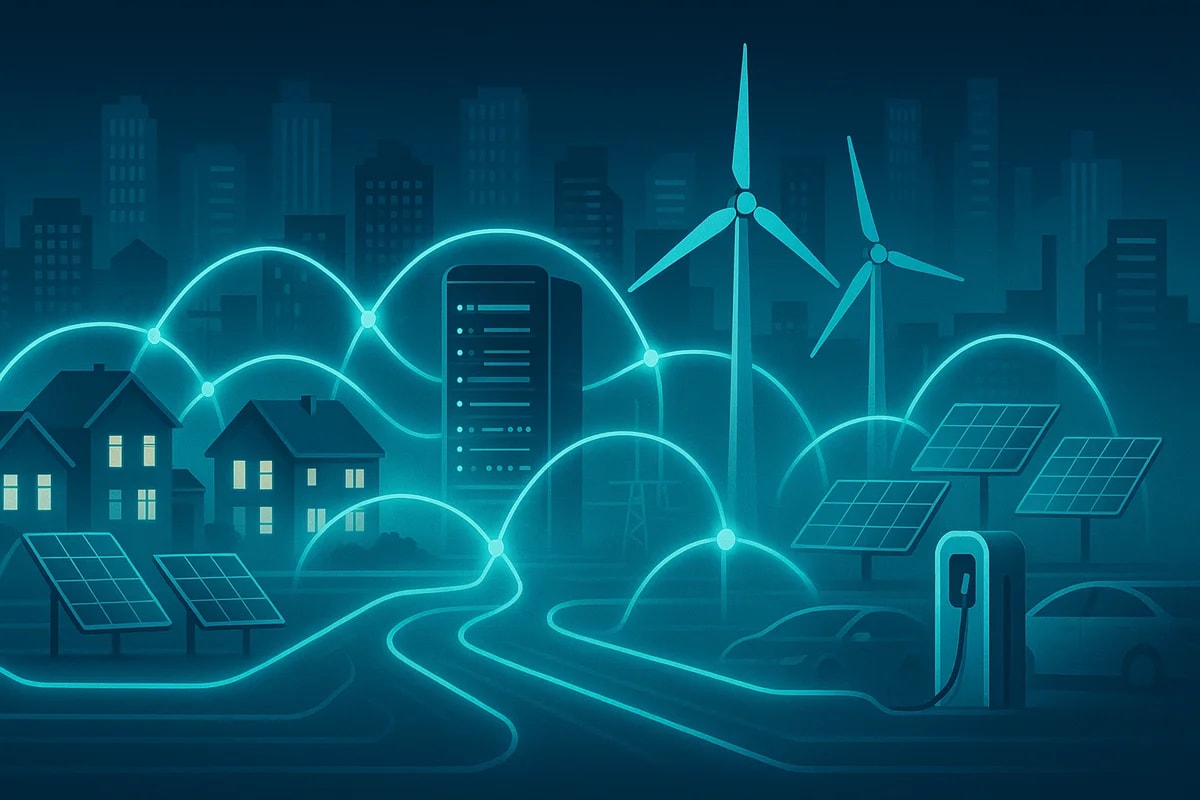 Paisaje urbano con paneles solares, turbinas eólicas y una red eléctrica digital resaltada con líneas luminosas.