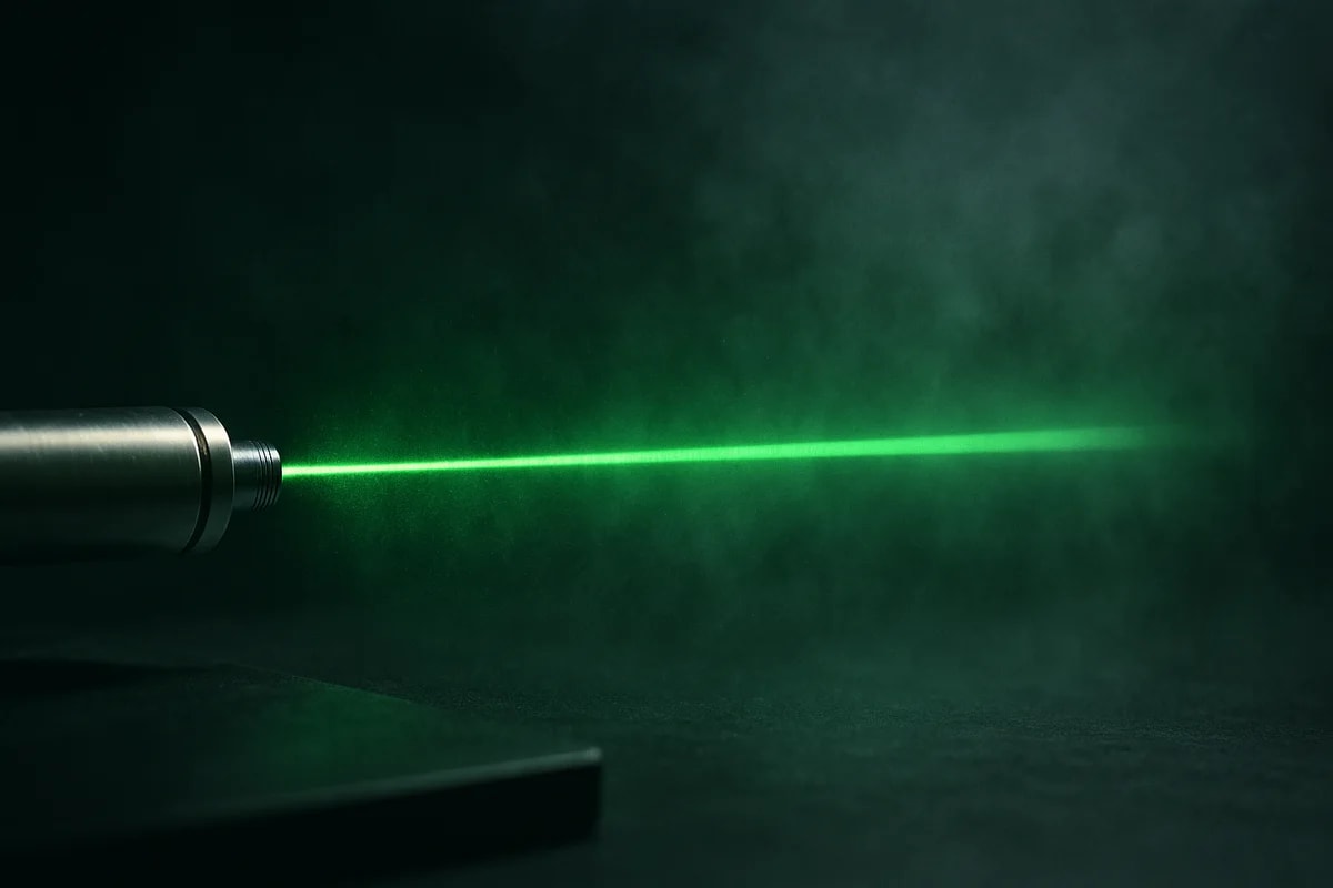 Rayo láser verde delgado atravesando un ambiente con ligera niebla