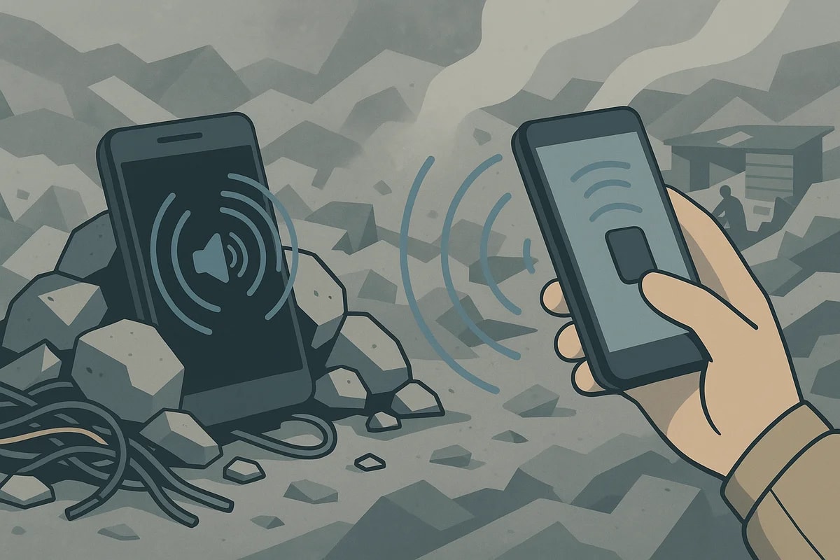 Teléfono bajo escombros enviando señales a otro dispositivo