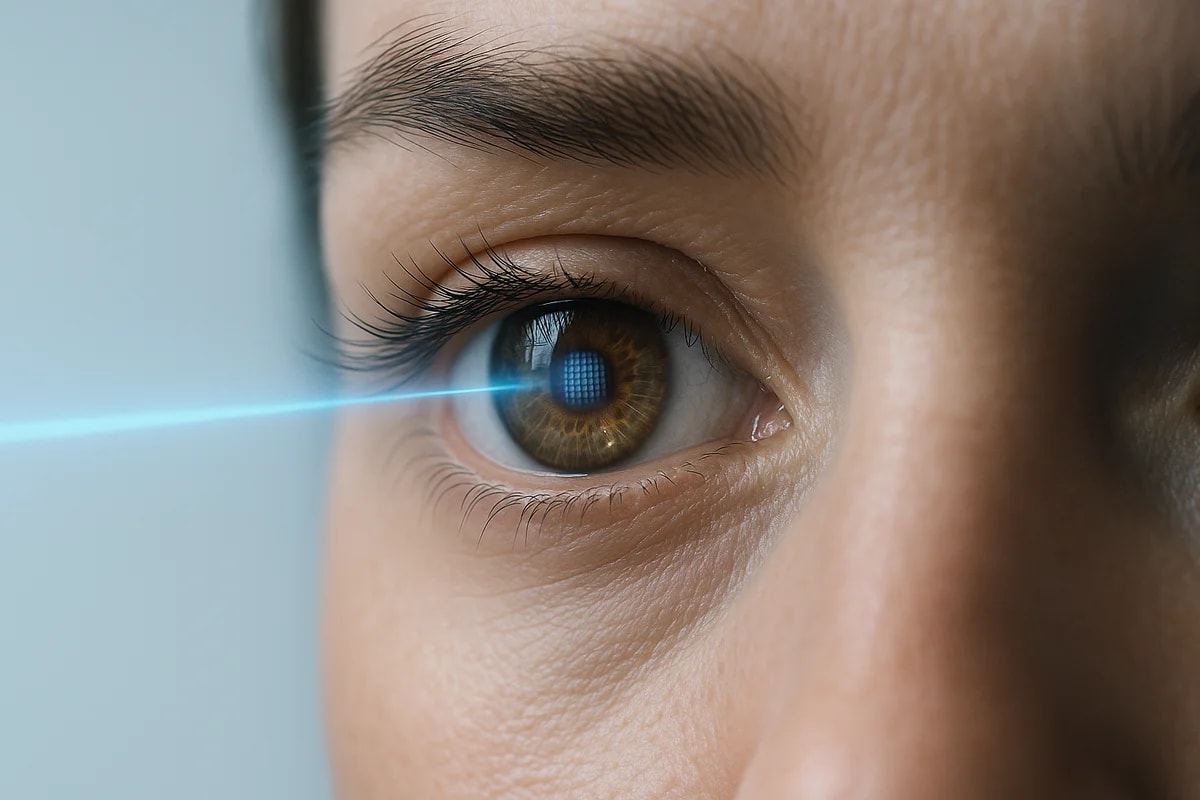 Ojo humano iluminado por un fino rayo azul, con un patrón luminoso sutil en la retina que representa un implante visual