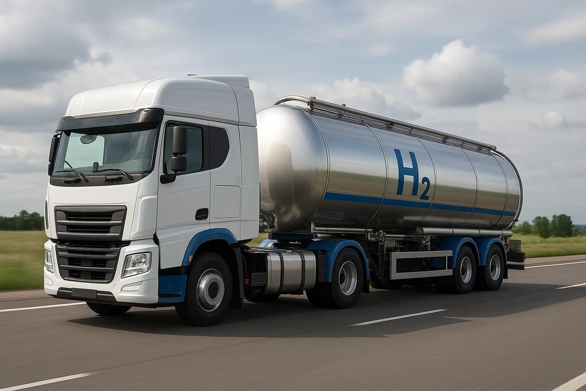 Camión cisterna de hidrógeno con tanque H₂ avanzando por carretera