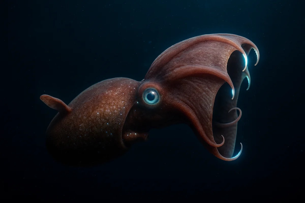 Vampiroteuthis infernalis realista iluminado por bioluminiscencia en aguas profundas