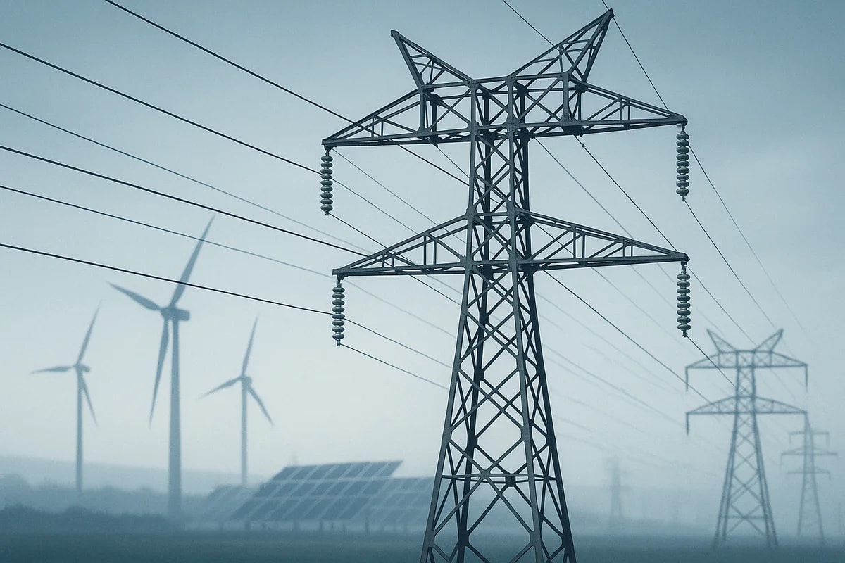 Torre de alta tensión con líneas eléctricas y aerogeneradores difuminados al fondo