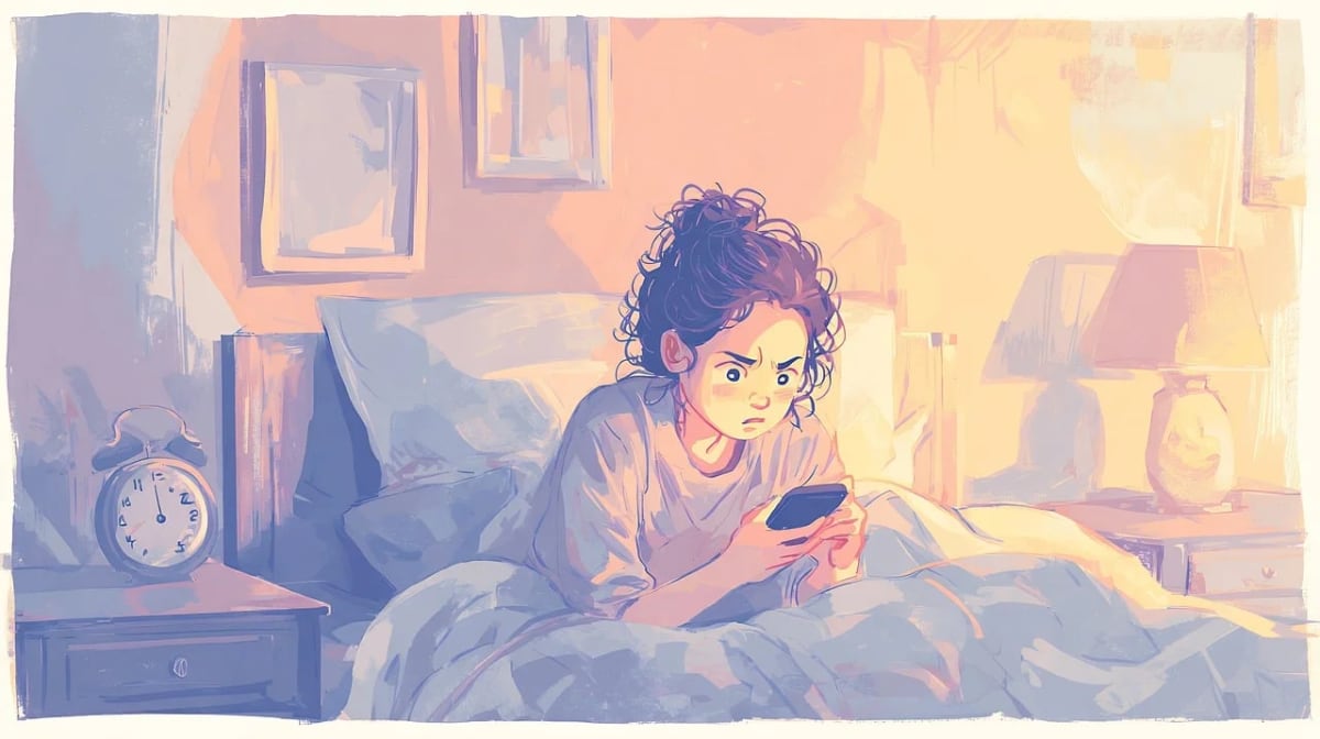 Persona joven en la cama de noche mirando el teléfono con el rostro iluminado y expresión de cansancio