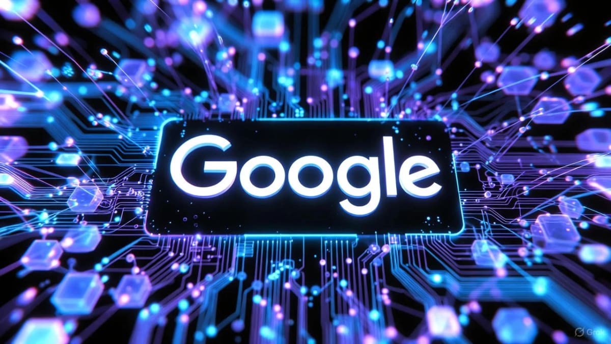 Logo de Google rodeado de circuitos luminosos en un estilo tecnológico