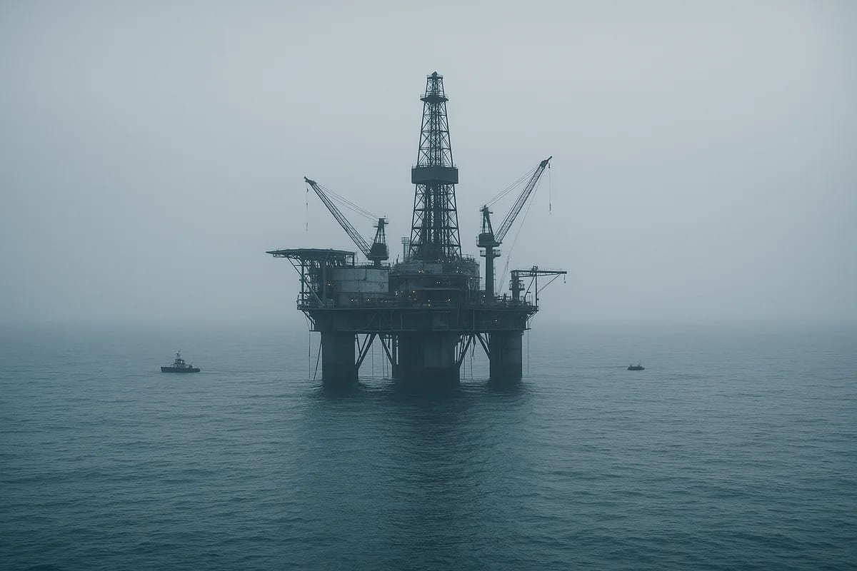 Plataforma petrolera en medio del mar bajo niebla azul grisácea, con pequeñas embarcaciones alrededor
