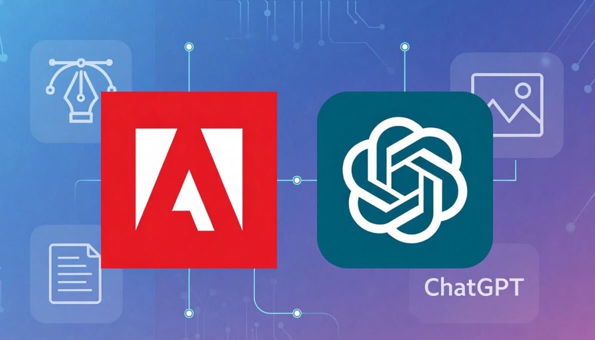 Logos de Adobe y ChatGPT sobre un fondo tecnológico conectado