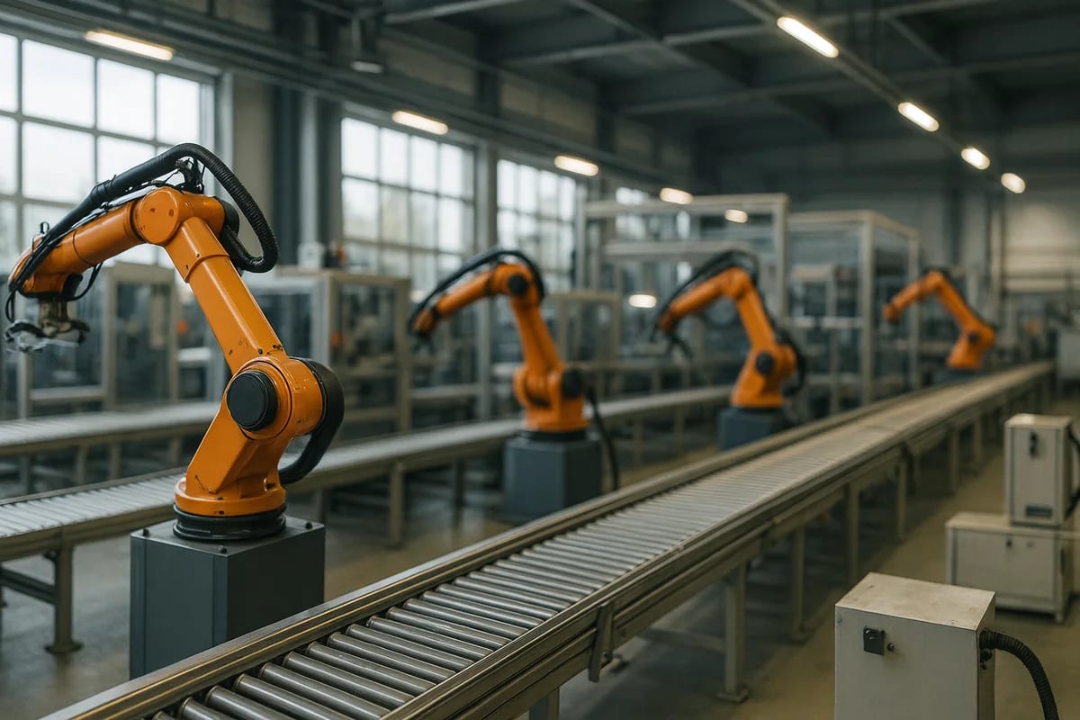 Brazos robóticos industriales trabajando junto a una cinta transportadora en una fábrica automatizada