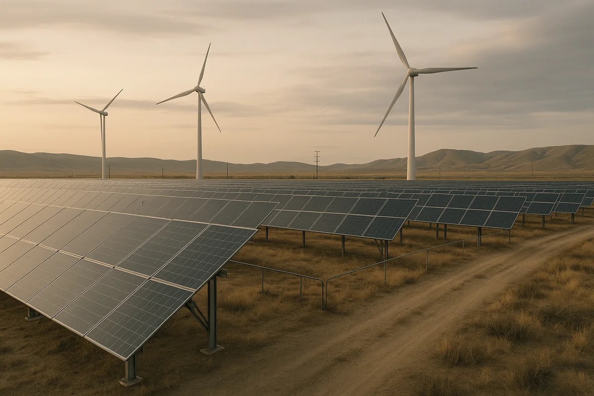Campo solar y turbinas eólicas en un paisaje semiárido al atardecer