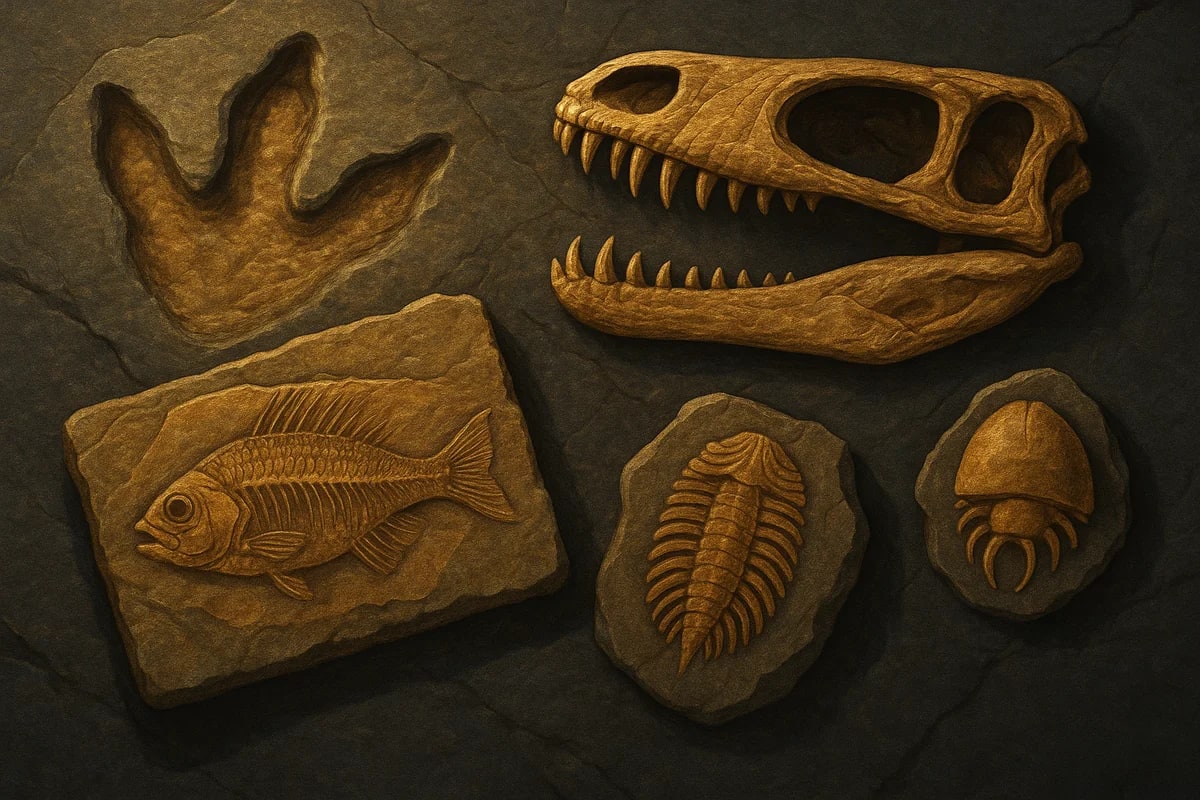 Conjunto de fósiles con huella de dinosaurio, cráneo y restos de peces e invertebrados sobre roca