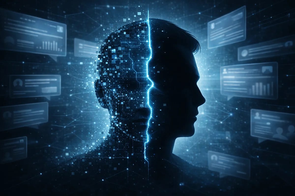 Silueta humana dividida entre rostro real y versión digital rodeada de datos y elementos tecnológicos