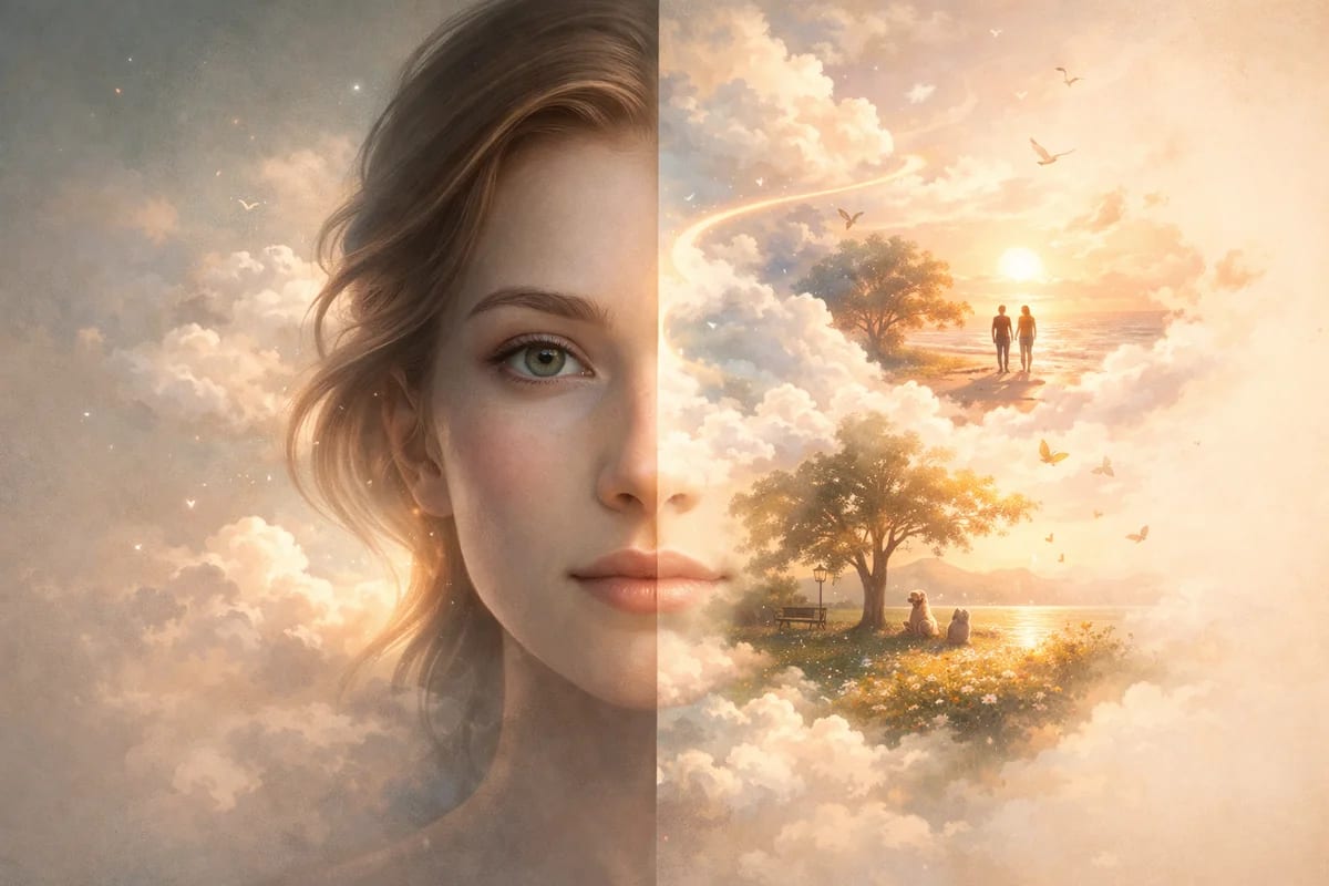 Rostro humano dividido entre realidad y escenas imaginadas que representan pensamientos positivos