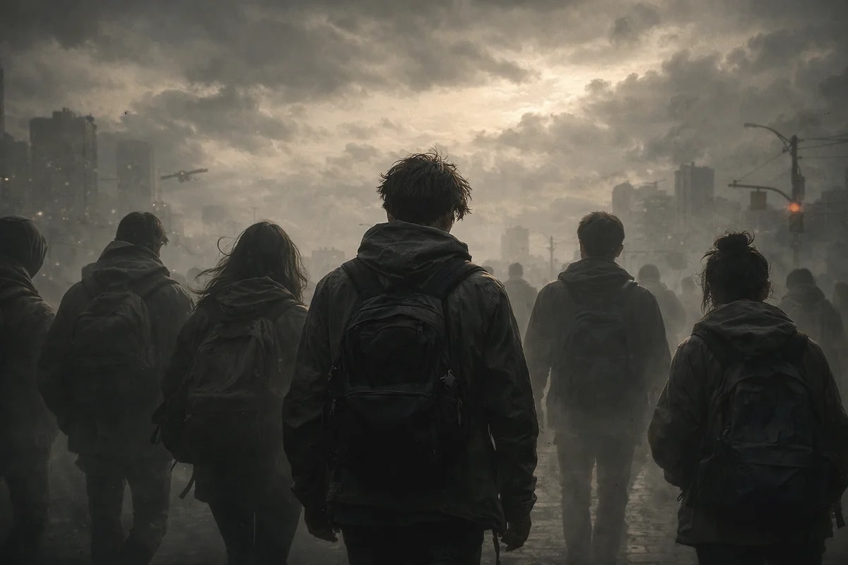 Grupo de jóvenes caminando por una ciudad gris bajo un cielo nublado