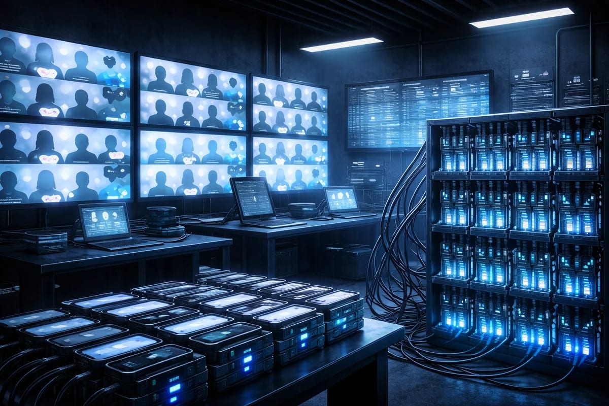 Sala oscura con pantallas y teléfonos conectados que representan una granja de bots y manipulación digital