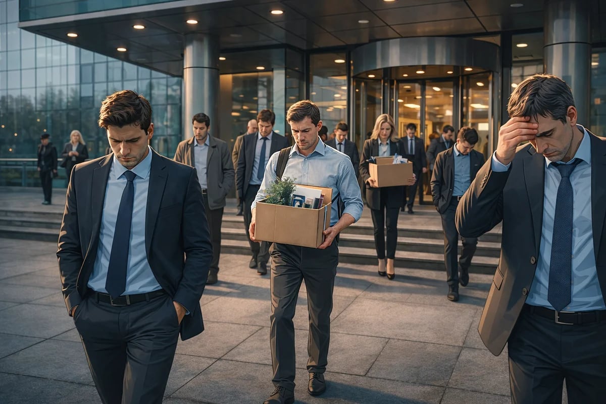 Empleados saliendo de una oficina con cajas tras recibir despidos