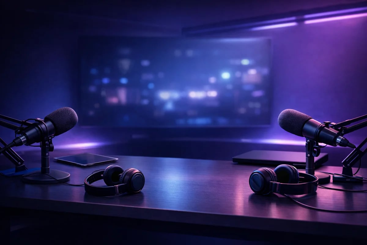 Ilustración de un estudio de podcast tecnológico con micrófonos