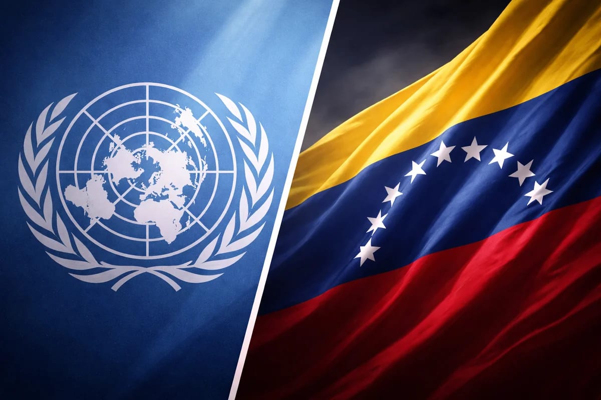 Símbolo ONU frente y bandera de Venezuela
