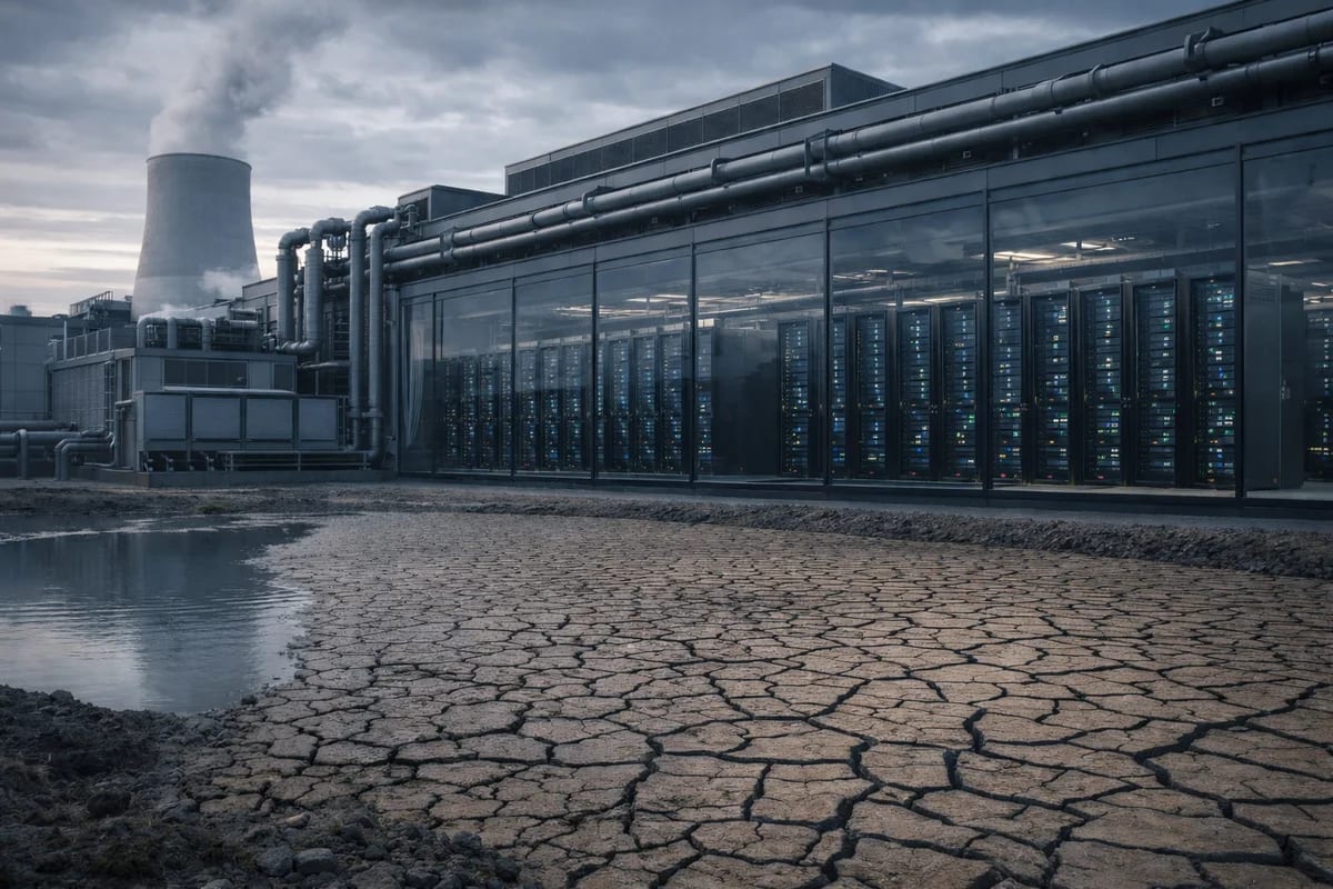 Centro de datos junto a suelo agrietado por sequía, símbolo del alto consumo de agua