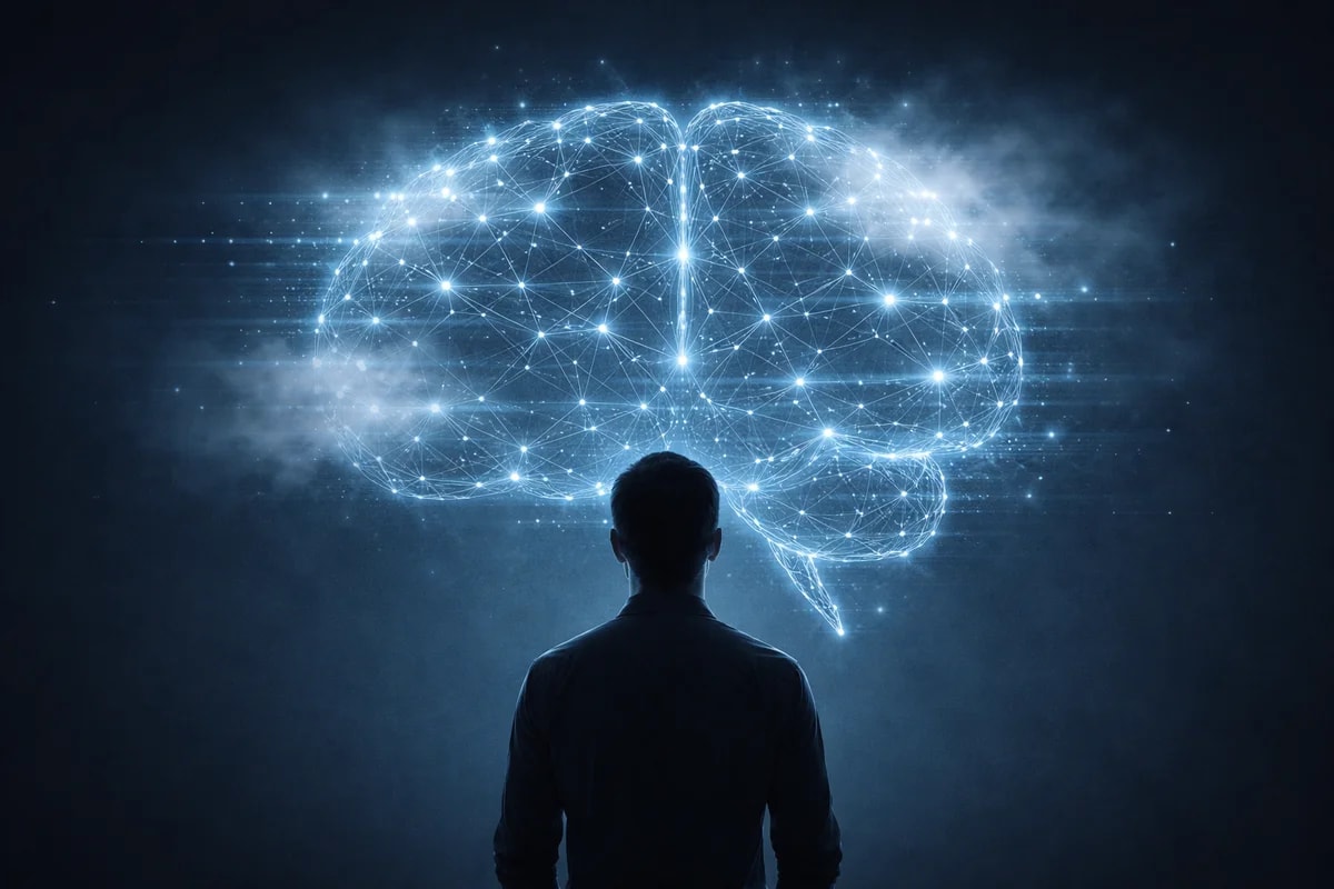 Figura humana observando un cerebro digital luminoso