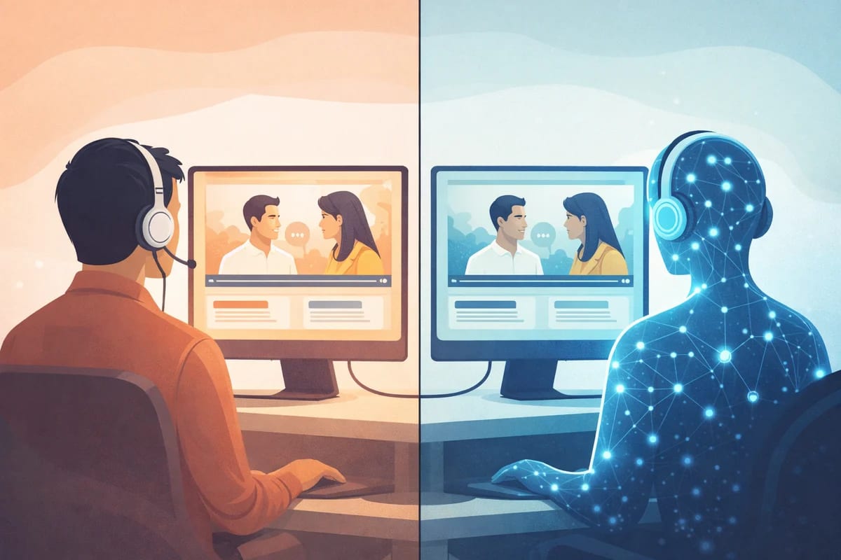 Traductor humano y sistema de IA trabajando sobre el mismo vídeo dividido en dos