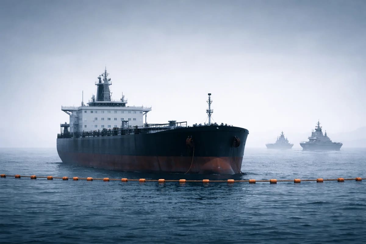 Petrolero detenido en el mar frente a una línea de bloqueo con buques militares al fondo