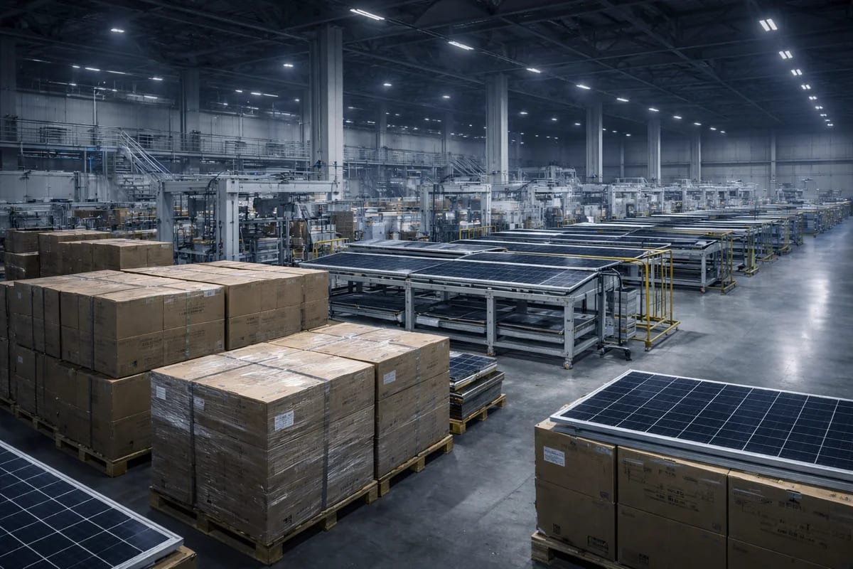 Fábrica industrial de paneles solares con líneas de producción y palés de módulos almacenados