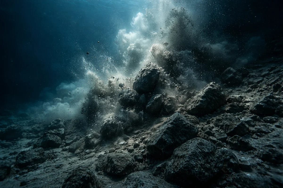 Levantamiento sísmico del fondo marino con rocas y sedimentos en suspensión