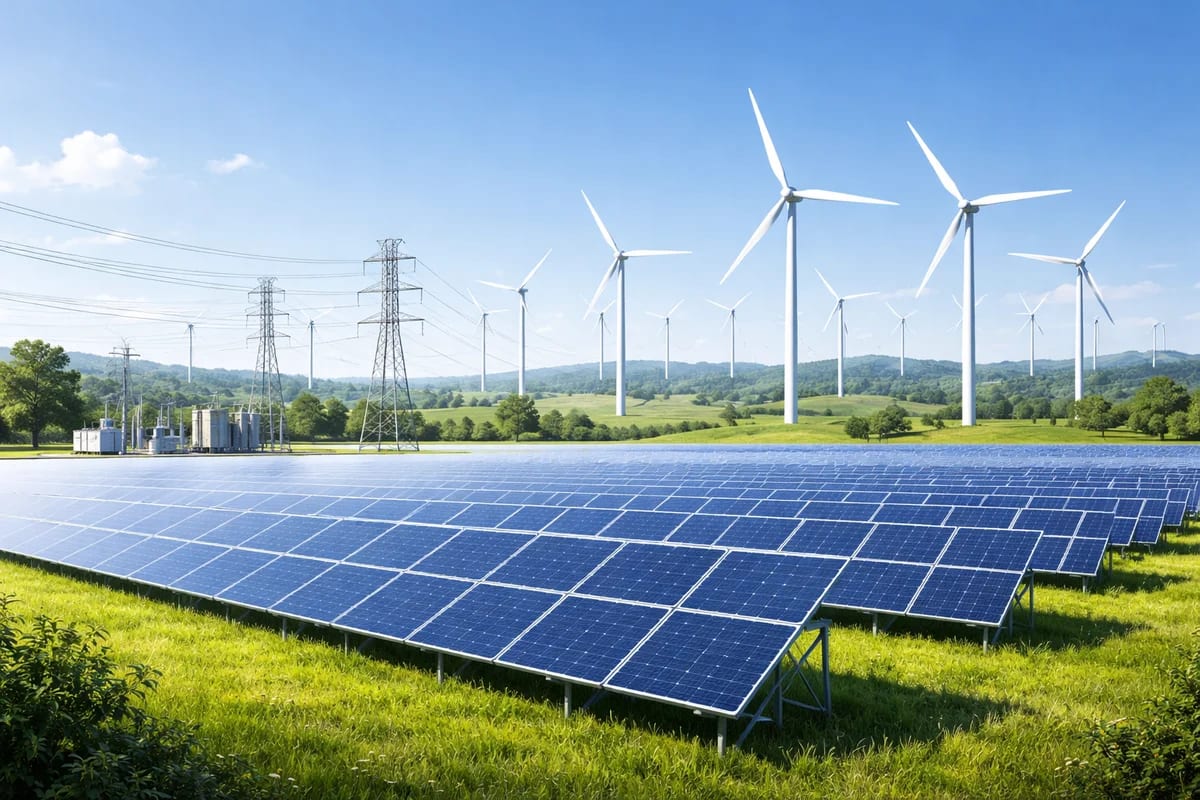 Campo solar con parque eólico y subestación eléctrica bajo cielo despejado