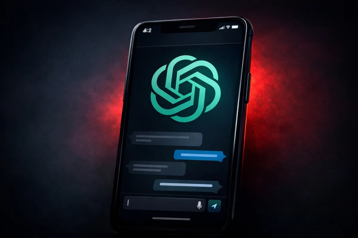 Teléfono móvil con chat de IA y símbolo estilizado, iluminado con un brillo rojo de alerta