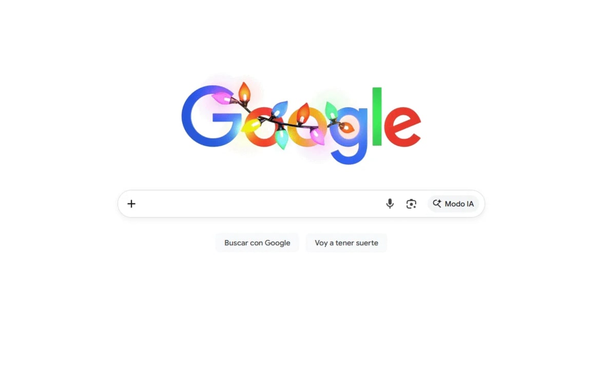 Página de inicio de Google con un doodle decorado con luces de colores