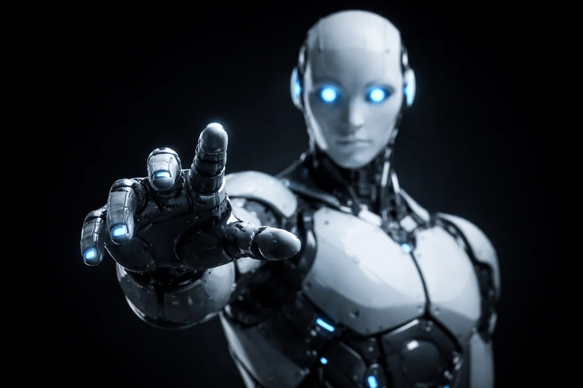Robot humanoide futurista extendiendo la mano