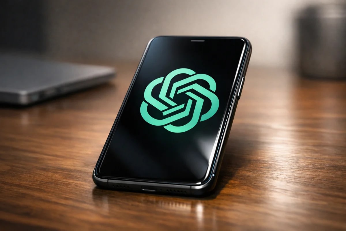 Teléfono móvil con el logo de GPT encendido