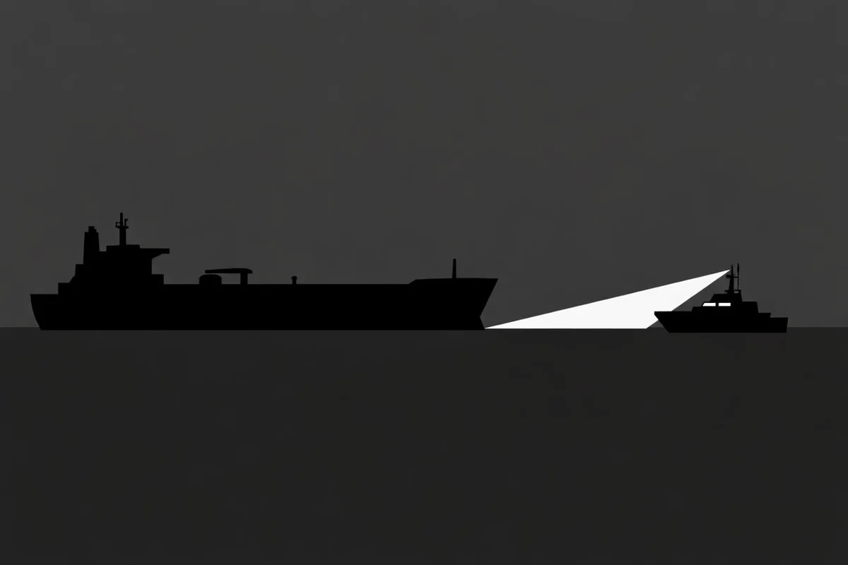 Silueta negra de un buque petrolero iluminado por una patrullera en un mar oscuro