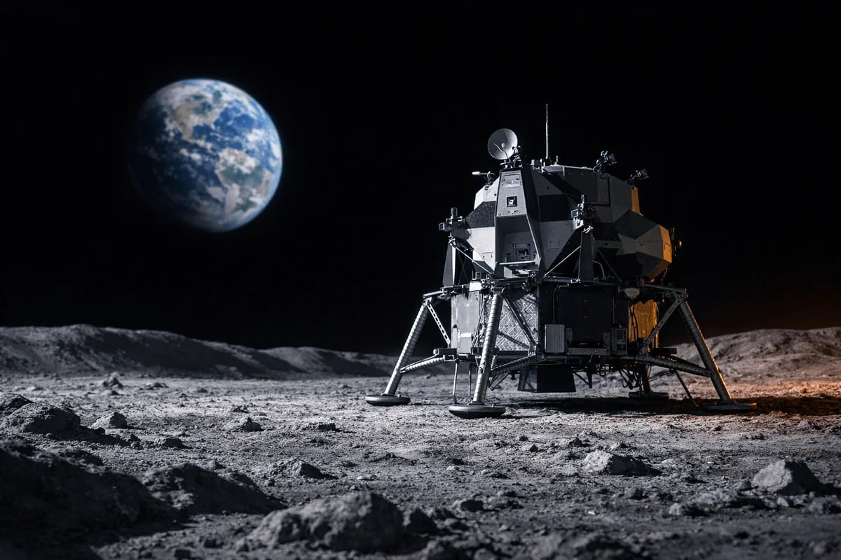 Módulo lunar posado sobre la superficie de la Luna con la Tierra visible en el cielo oscuro