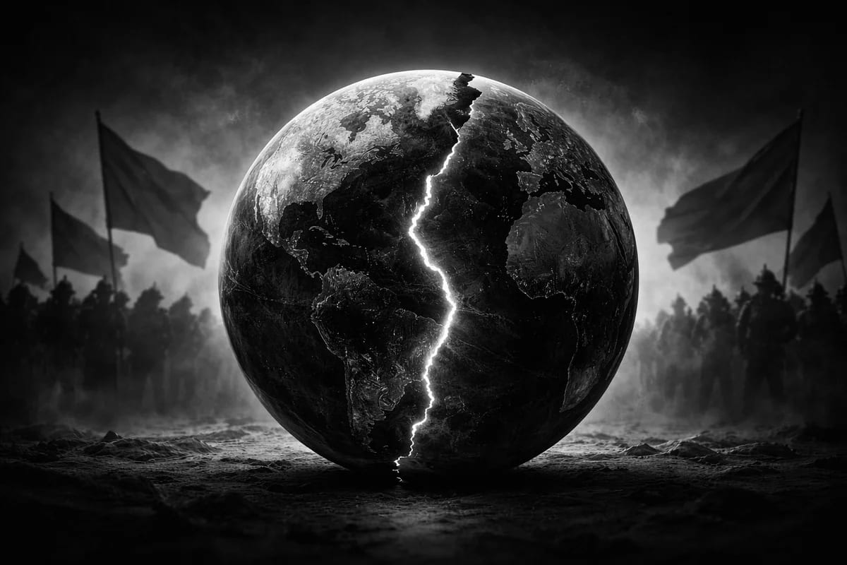 Globo terráqueo agrietado con luz interna, rodeado de siluetas abstractas que sugieren tensión geopolítica global