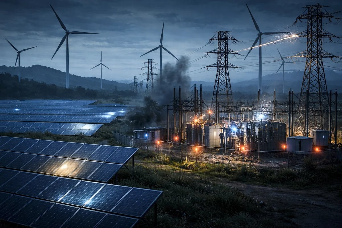 Infraestructura energética mixta con paneles solares, aerogeneradores y una subestación eléctrica bajo un cielo tormentoso