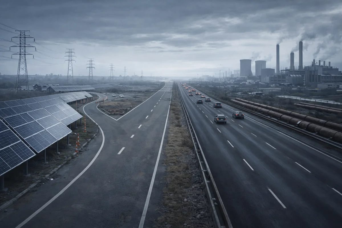 Carretera industrial que se divide entre un camino con energías renovables en desarrollo y otro dominado por infraestructuras fósiles tradicionales