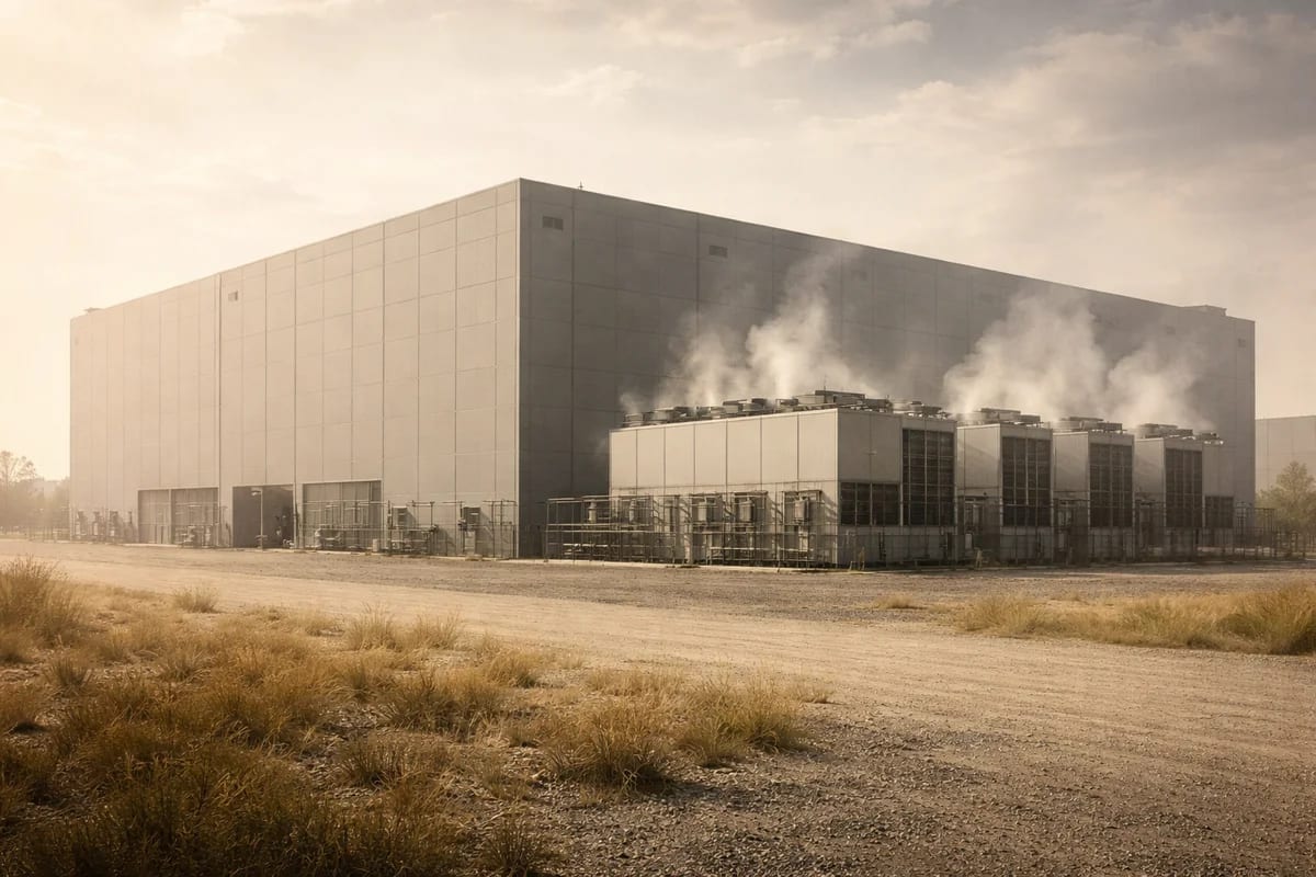 Centro de datos industrial con sistemas de refrigeración funcionando en un entorno caluroso