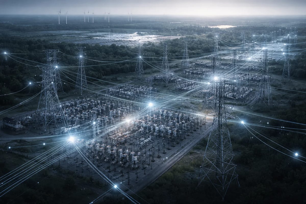 Red eléctrica con flujos de datos y renovables al fondo