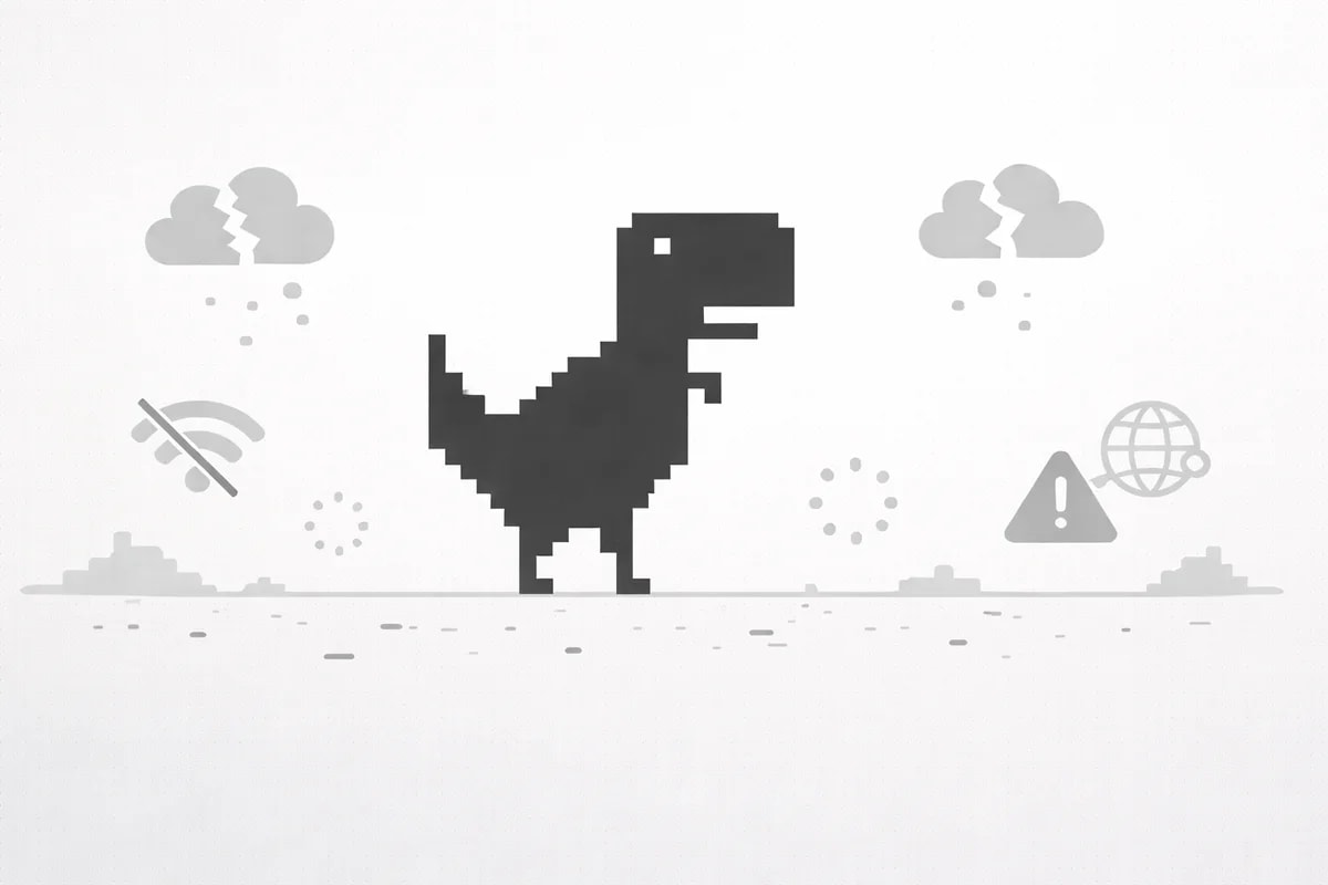 Dinosaurio pixelado en pantalla sin conexión con iconos de red caída y alerta digital