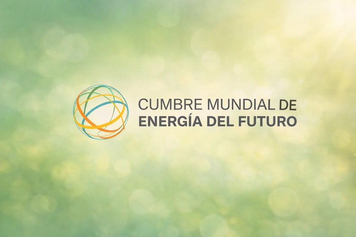 Logotipo de la Cumbre Mundial de Energía del Futuro sobre fondo opaco en tonos verdes
