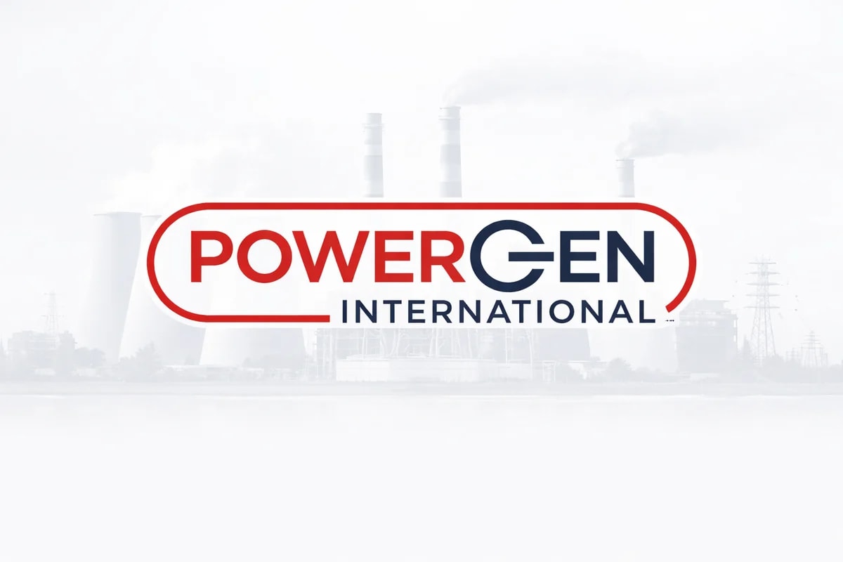 Logo de POWERGEN International con fondo industrial opaco