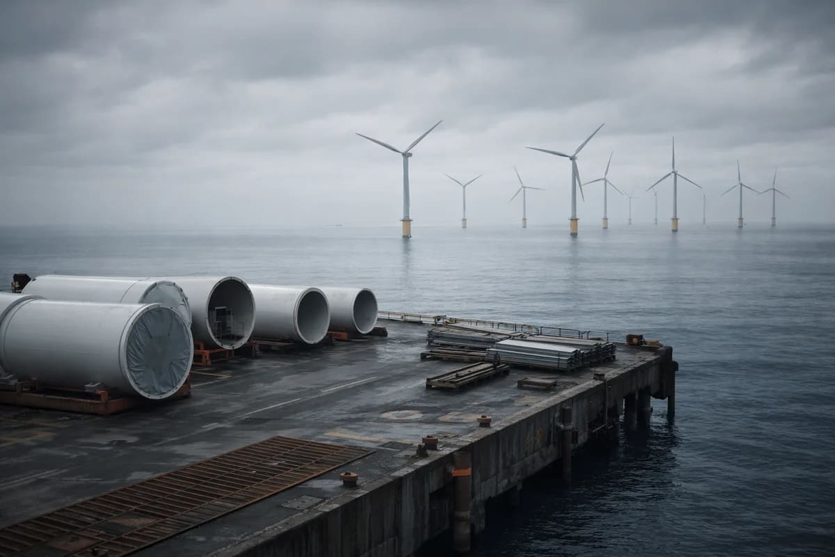 Puerto industrial con componentes de aerogeneradores y parque eólico marino al fondo